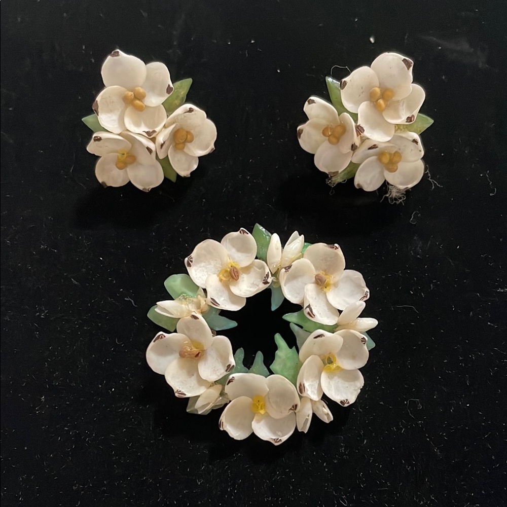 White and Green Floral Brooch